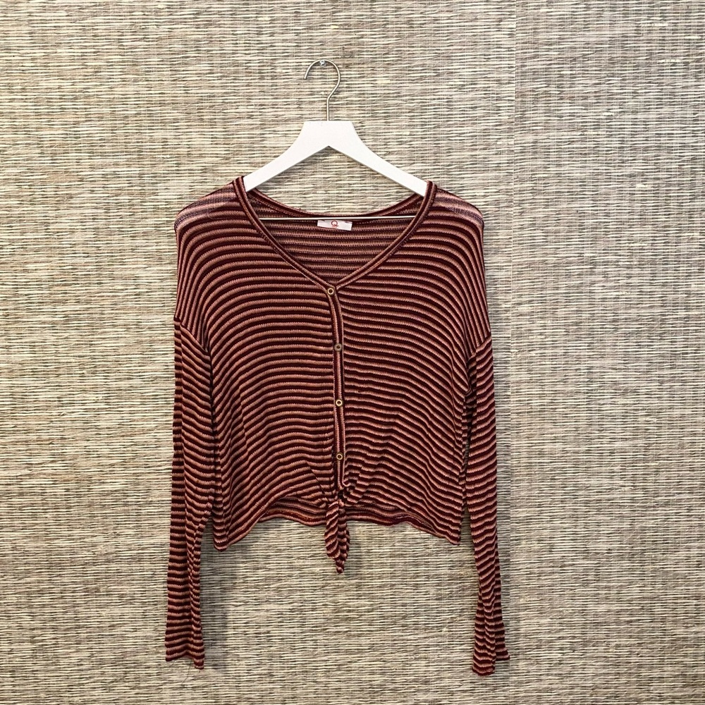 Burgundy Striped Knit Crop Top with Front Tie